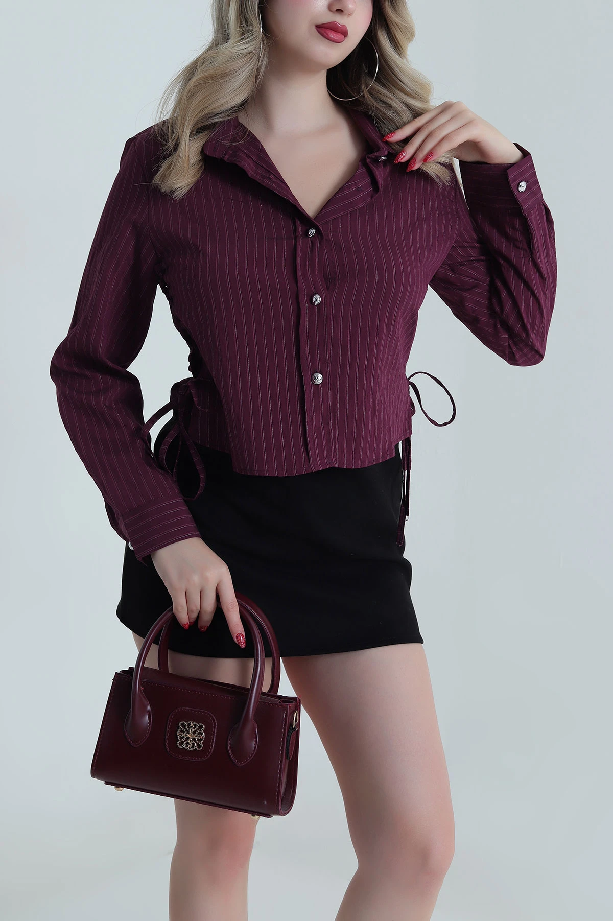 Bordo Çizgili Viskon Kadın Gömlek 485574