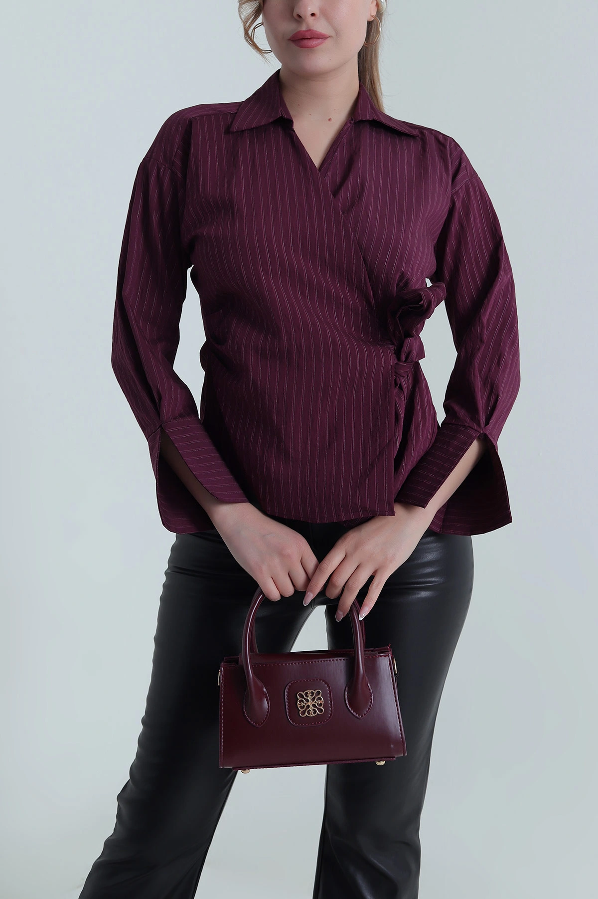 Bordo Çizgili Viskon Kadın Gömlek 485583