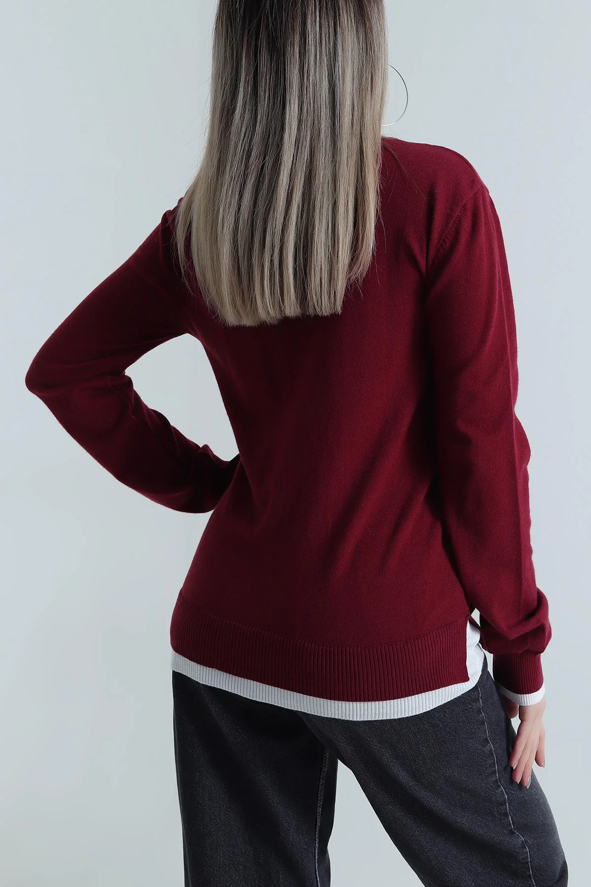 Bordo Corspan Lastikli Çift Yaka Kadın Triko Kazak 488316