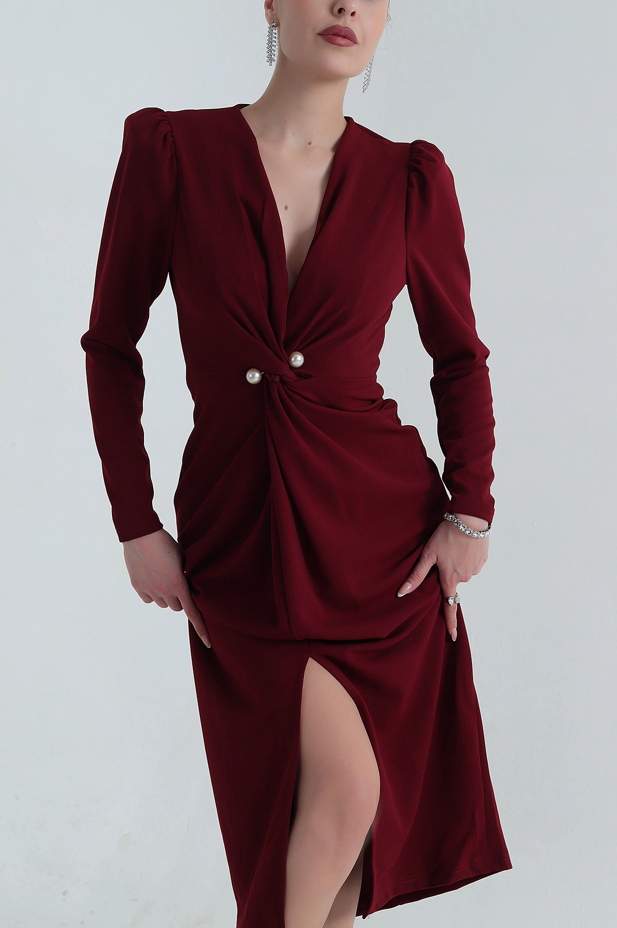 Bordo Crep Kruvaze Yaka İğneli Abiye 397554