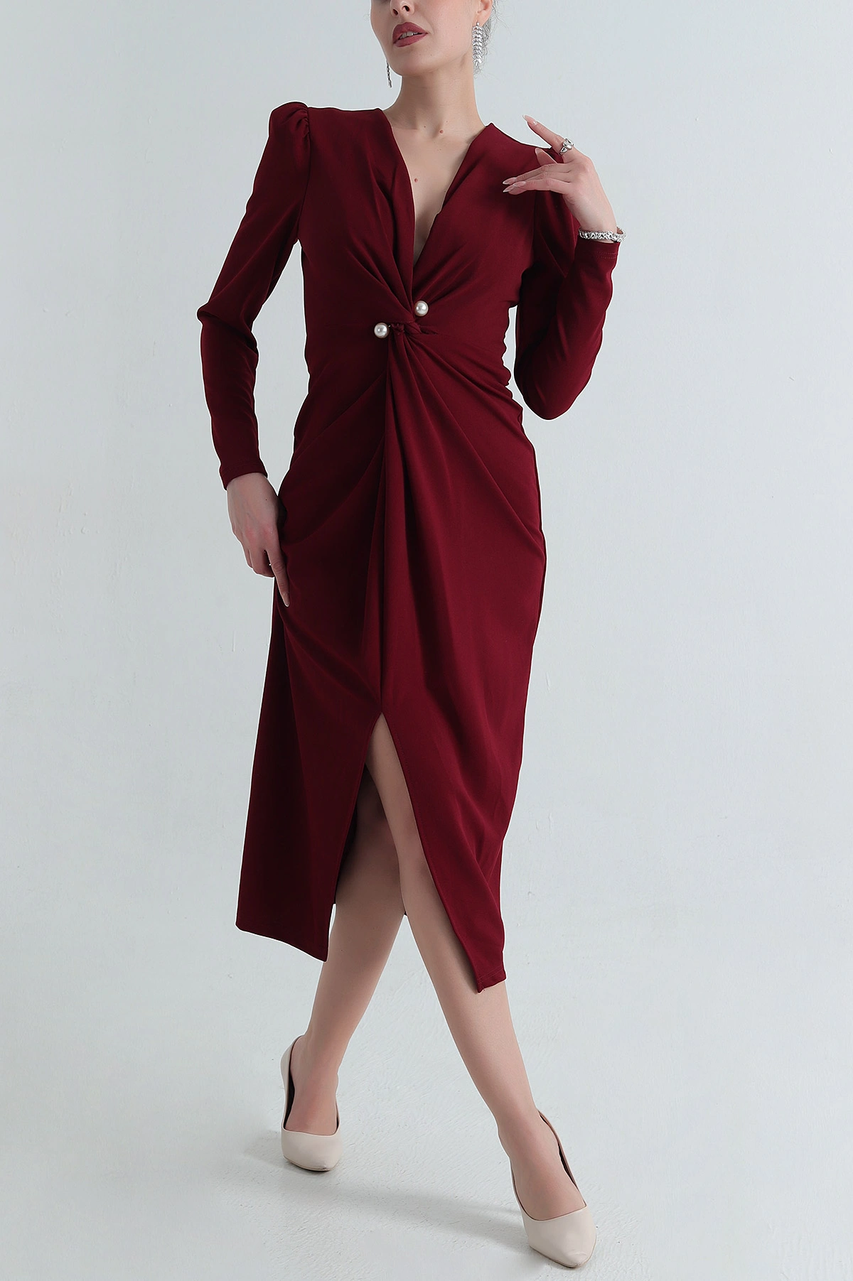 Bordo Crep Kruvaze Yaka İğneli Abiye 397554