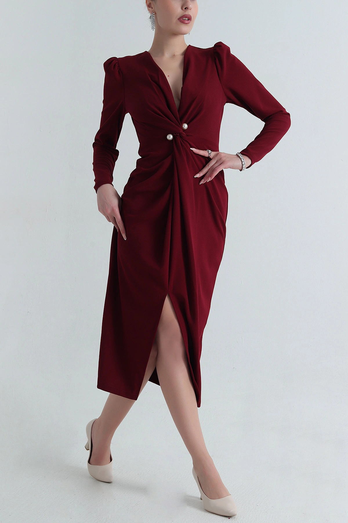Bordo Crep Kruvaze Yaka İğneli Abiye 397554