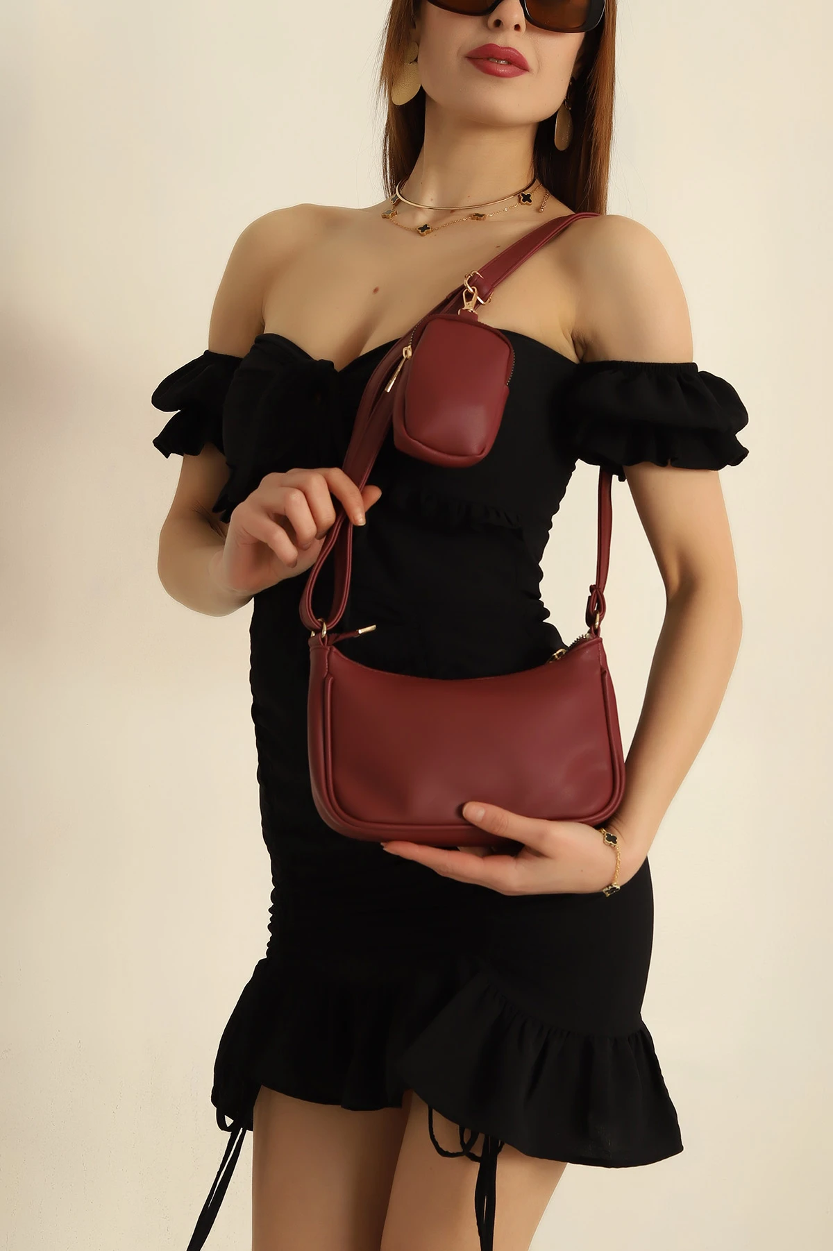 Bordo Cüzdan Detaylı Baget Omuz Çantası 263650