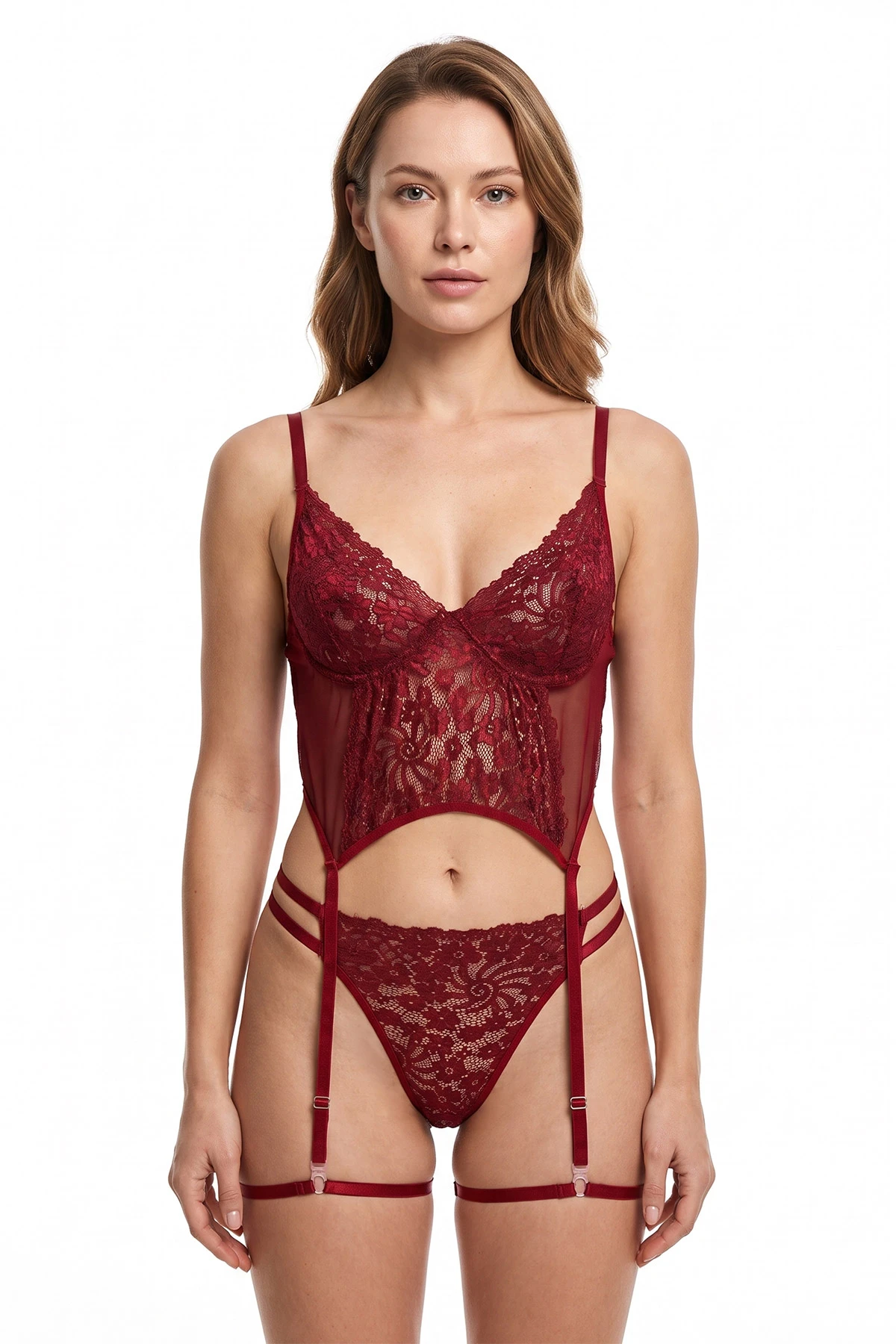 Bordo Dantel İşlemeli Seksi Fantezi Kostüm 475757