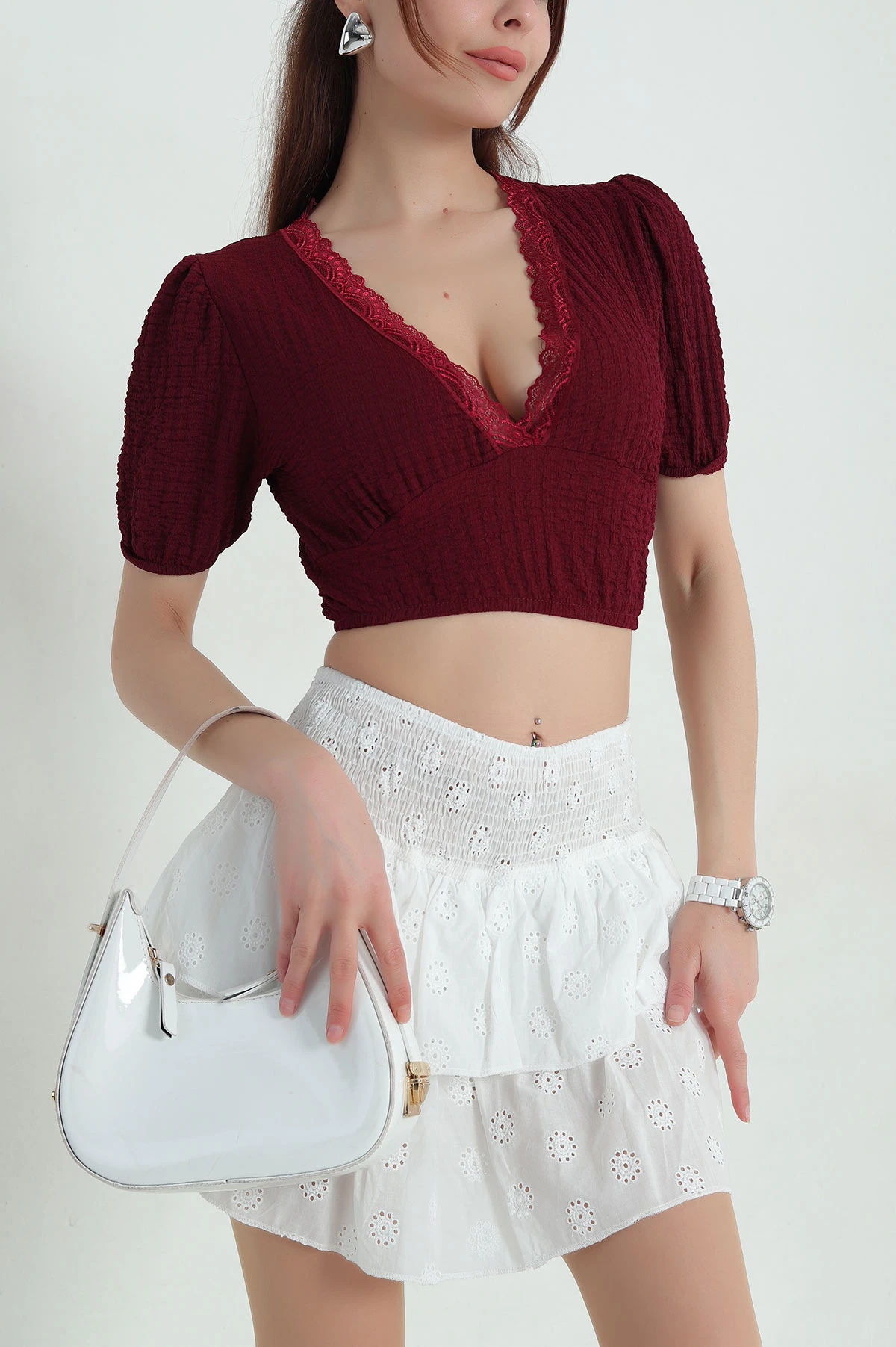 Bordo Dantel Yaka Gofre Kadın Bluz 364003