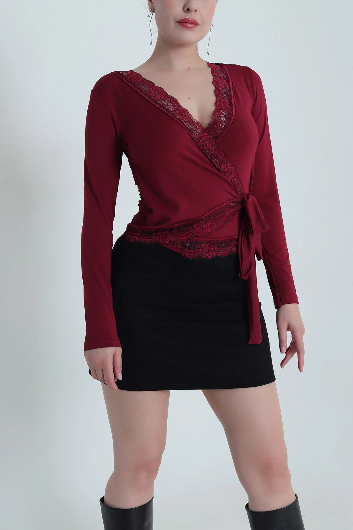 Bordo Dantelli Bağlamalı Scuba Kadın Bluz 483715