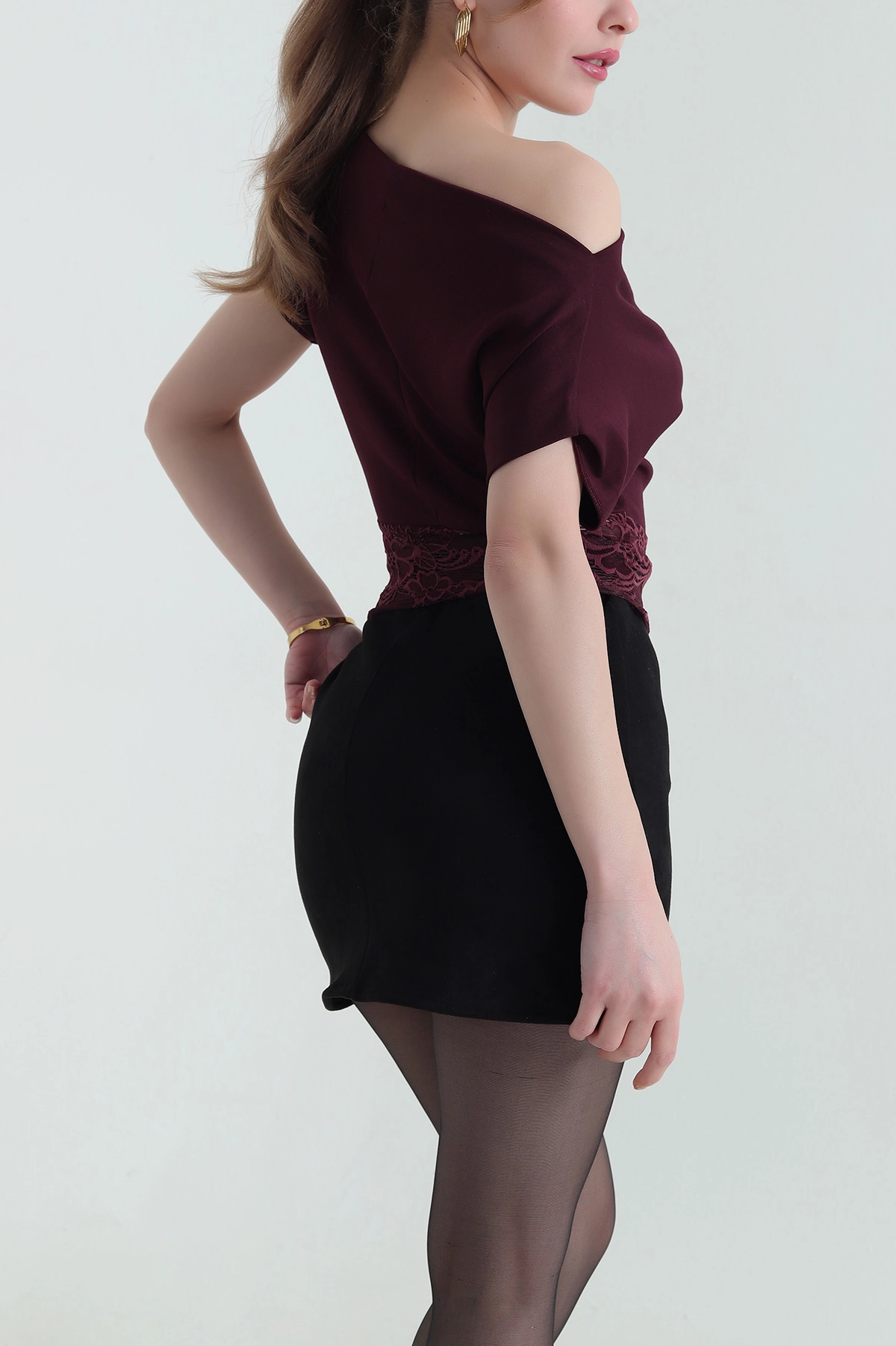 Bordo Dantelli Geniş Yaka Kadın Oysho Bluz 432436