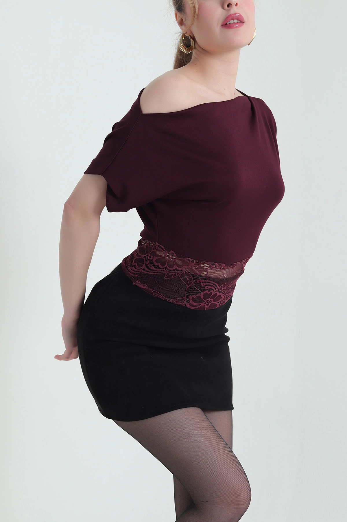 Bordo Dantelli Geniş Yaka Kadın Oysho Bluz 432436
