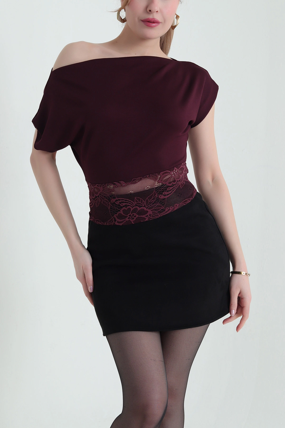 Bordo Dantelli Geniş Yaka Kadın Oysho Bluz 432436