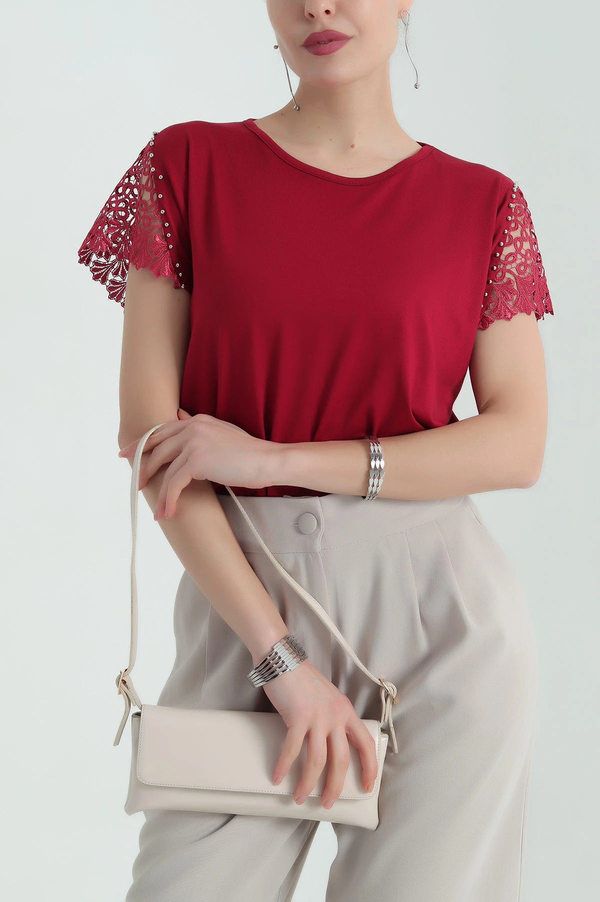 Bordo Dantelli İncili Çilek Bluz 334541