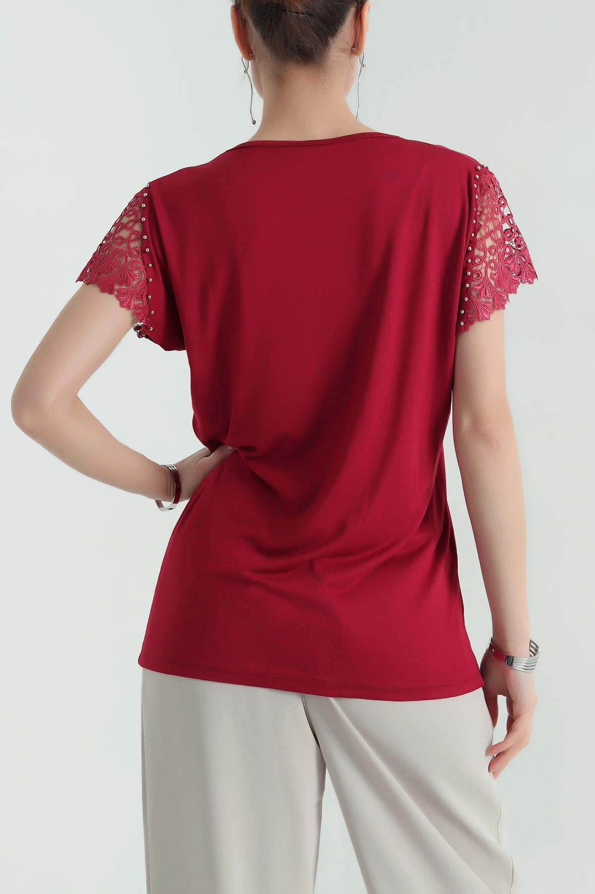 Bordo Dantelli İncili Çilek Bluz 334541