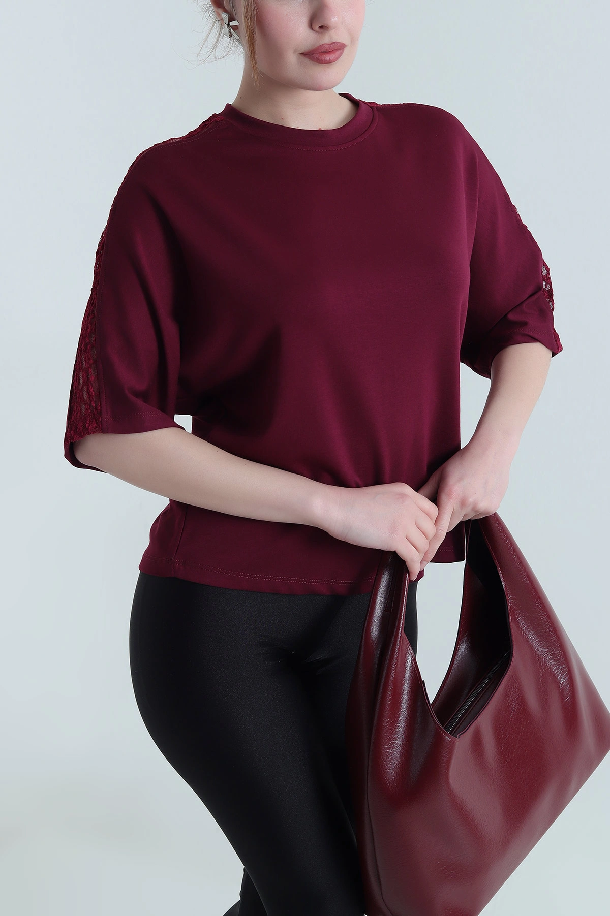 Bordo Dantelli Modal Kadın Bluz 451359