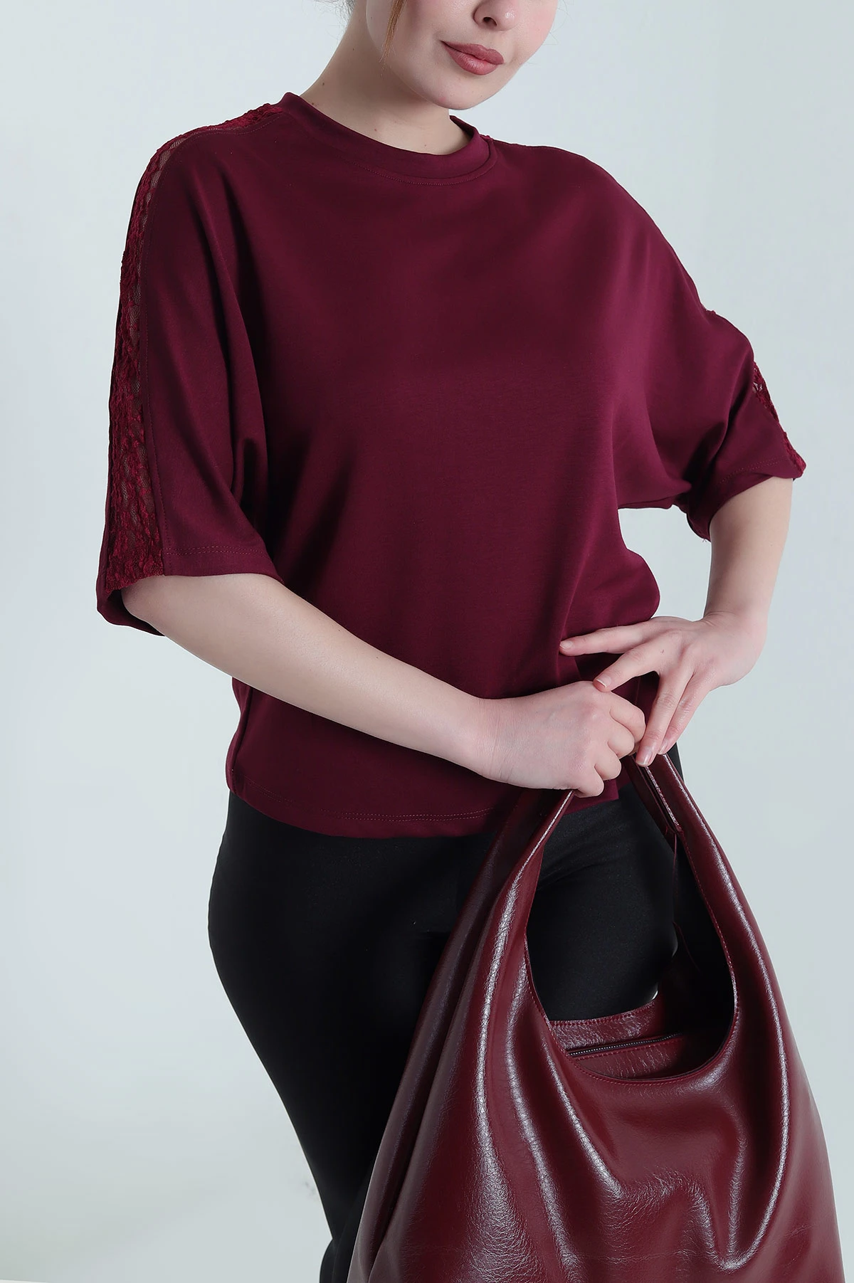 Bordo Dantelli Modal Kadın Bluz 451359