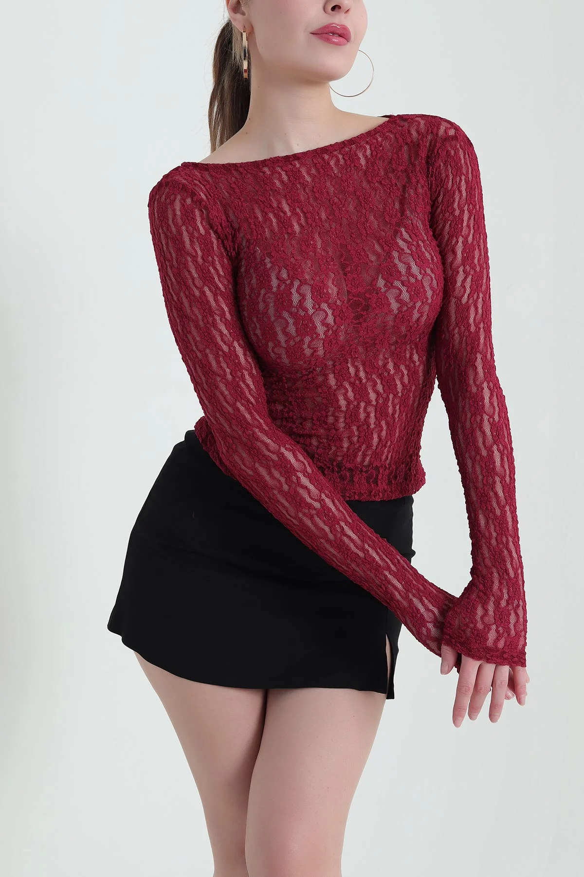 Bordo Dantelli Tasarım Transparan Kadın Bluz 430118