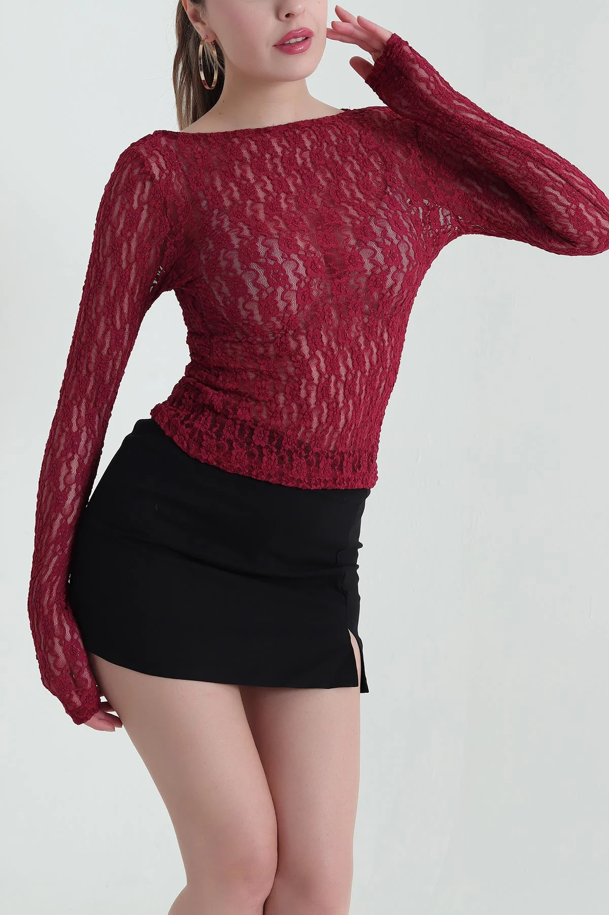 Bordo Dantelli Tasarım Transparan Kadın Bluz 430118