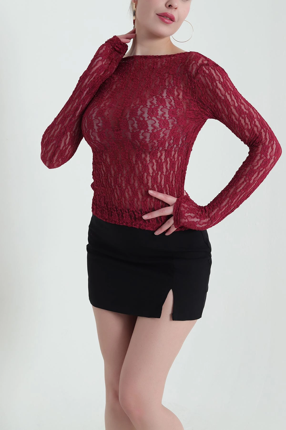 Bordo Dantelli Tasarım Transparan Kadın Bluz 430118