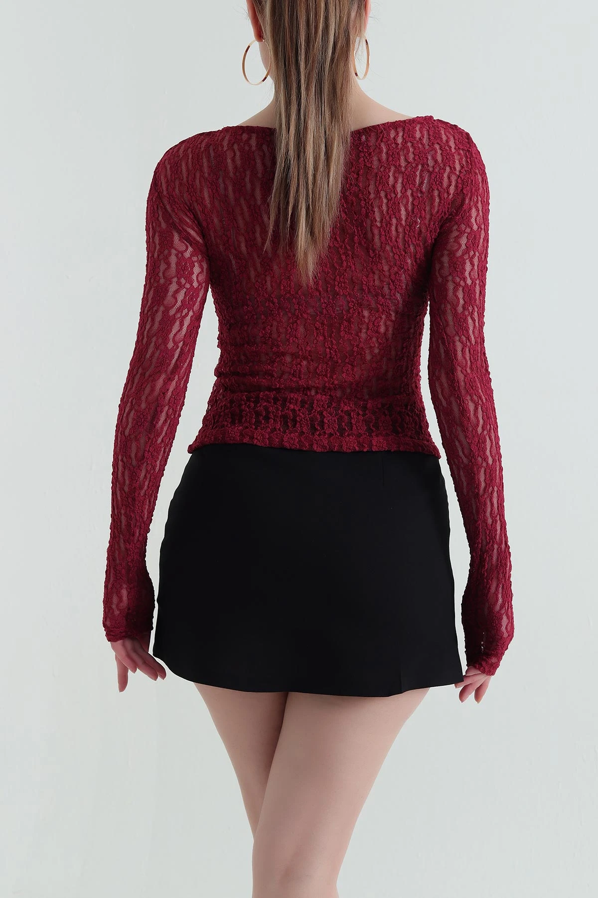 Bordo Dantelli Tasarım Transparan Kadın Bluz 430118