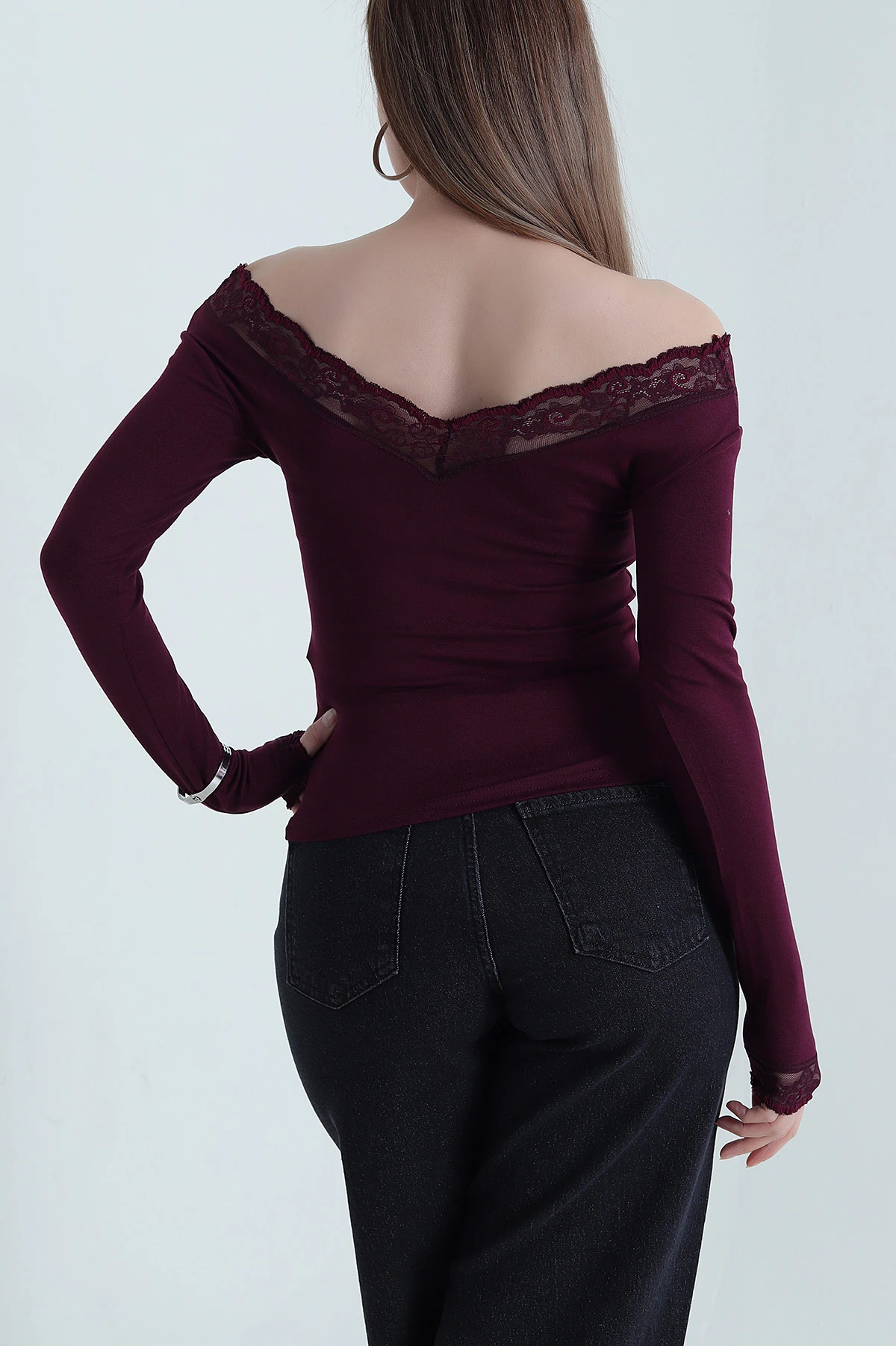 Bordo Dantelli V Yaka Buzzy Kadın Bluz 439813