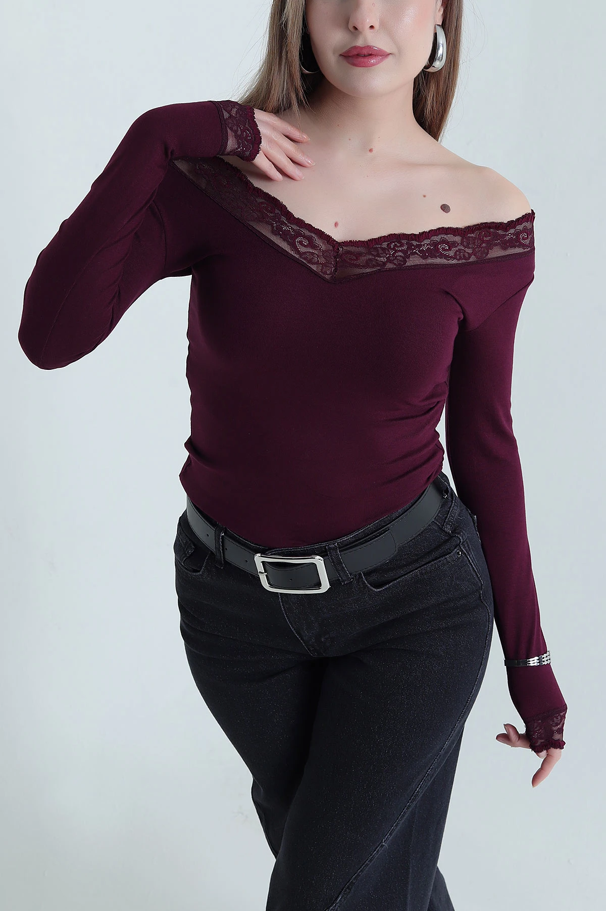 Bordo Dantelli V Yaka Buzzy Kadın Bluz 439813