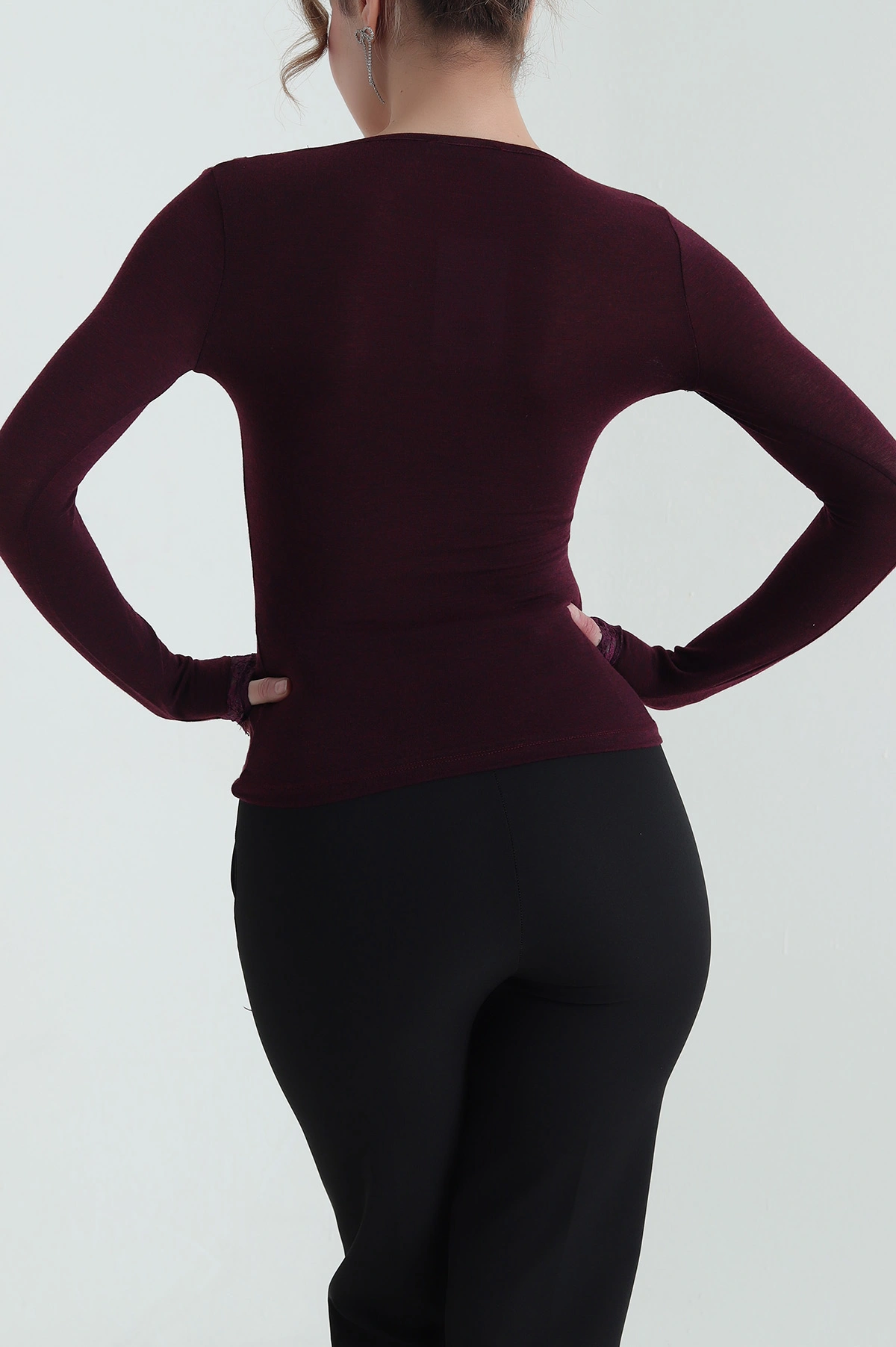 Bordo Dantelli V Yaka Viskon Kadın Bluz 439176