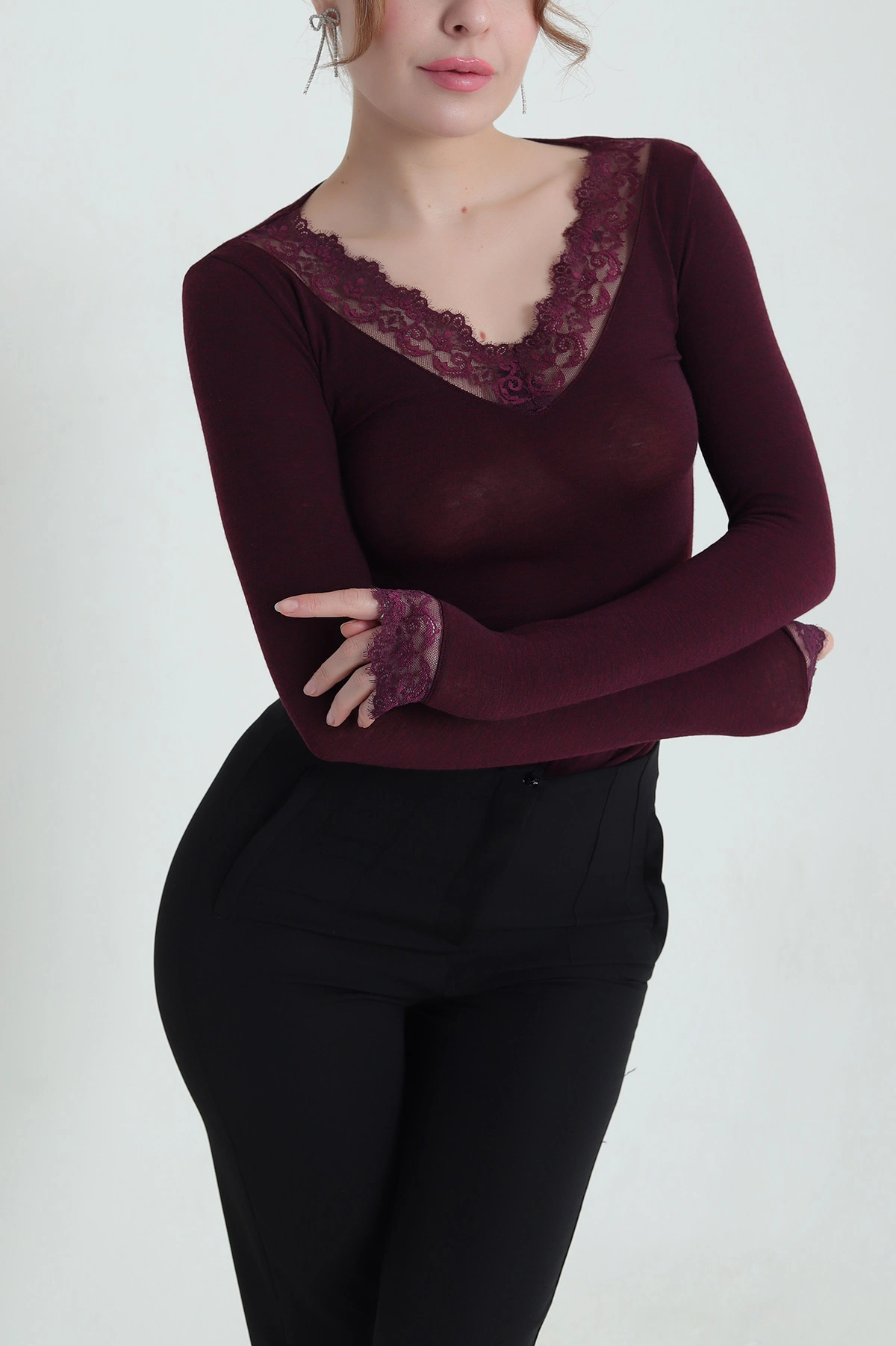 Bordo Dantelli V Yaka Viskon Kadın Bluz 439176