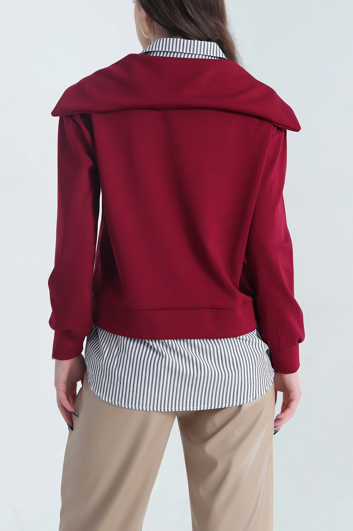 Bordo Degaje Yaka Gömlek Detaylı Modal Kadın Tunik 342266