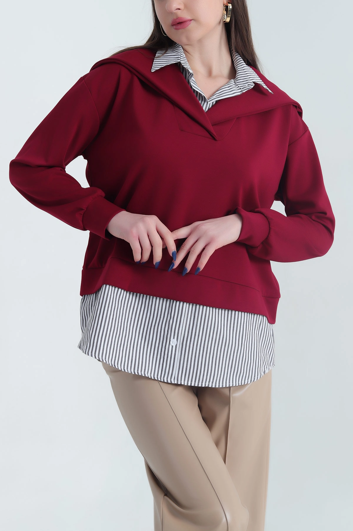 Bordo Degaje Yaka Gömlek Detaylı Modal Kadın Tunik 342266