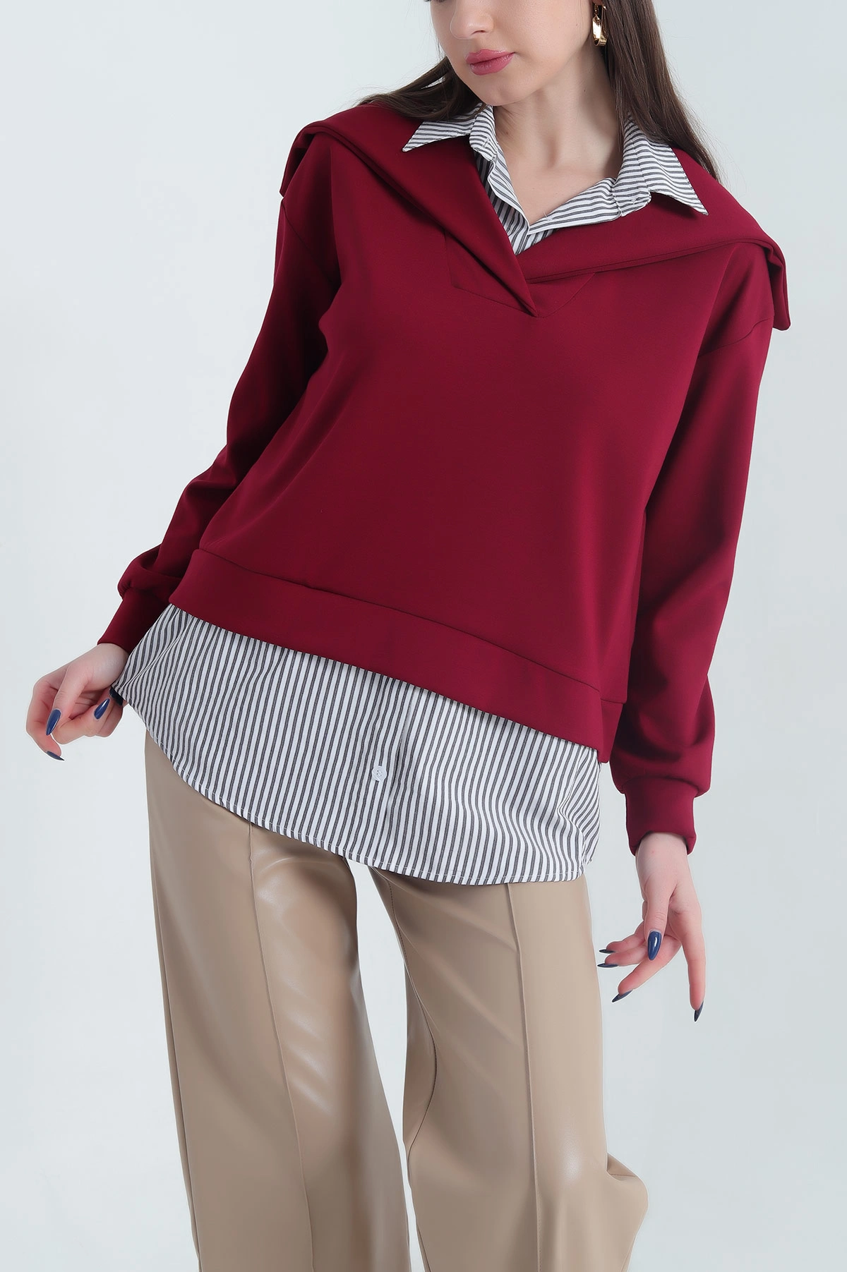 Bordo Degaje Yaka Gömlek Detaylı Modal Kadın Tunik 342266