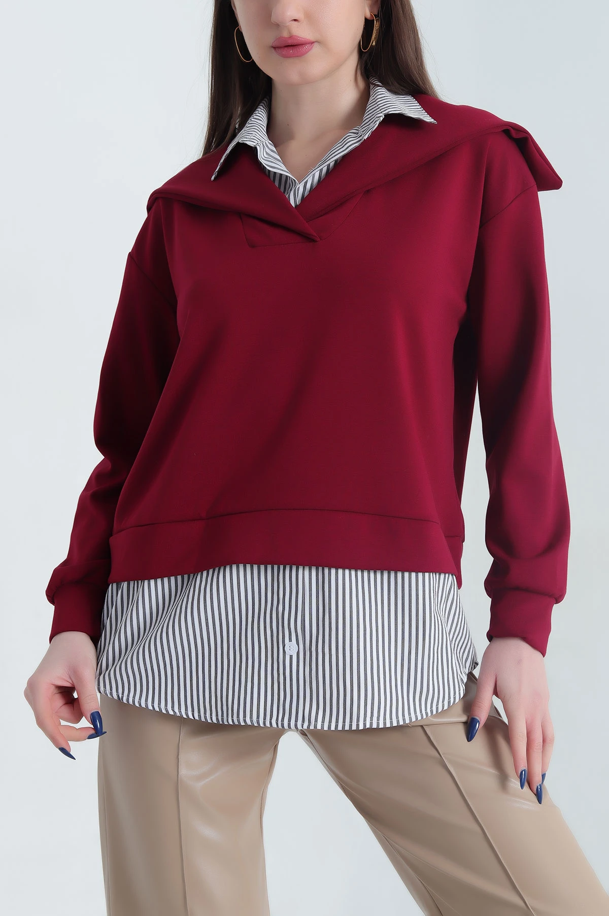 Bordo Degaje Yaka Gömlek Detaylı Modal Kadın Tunik 342266