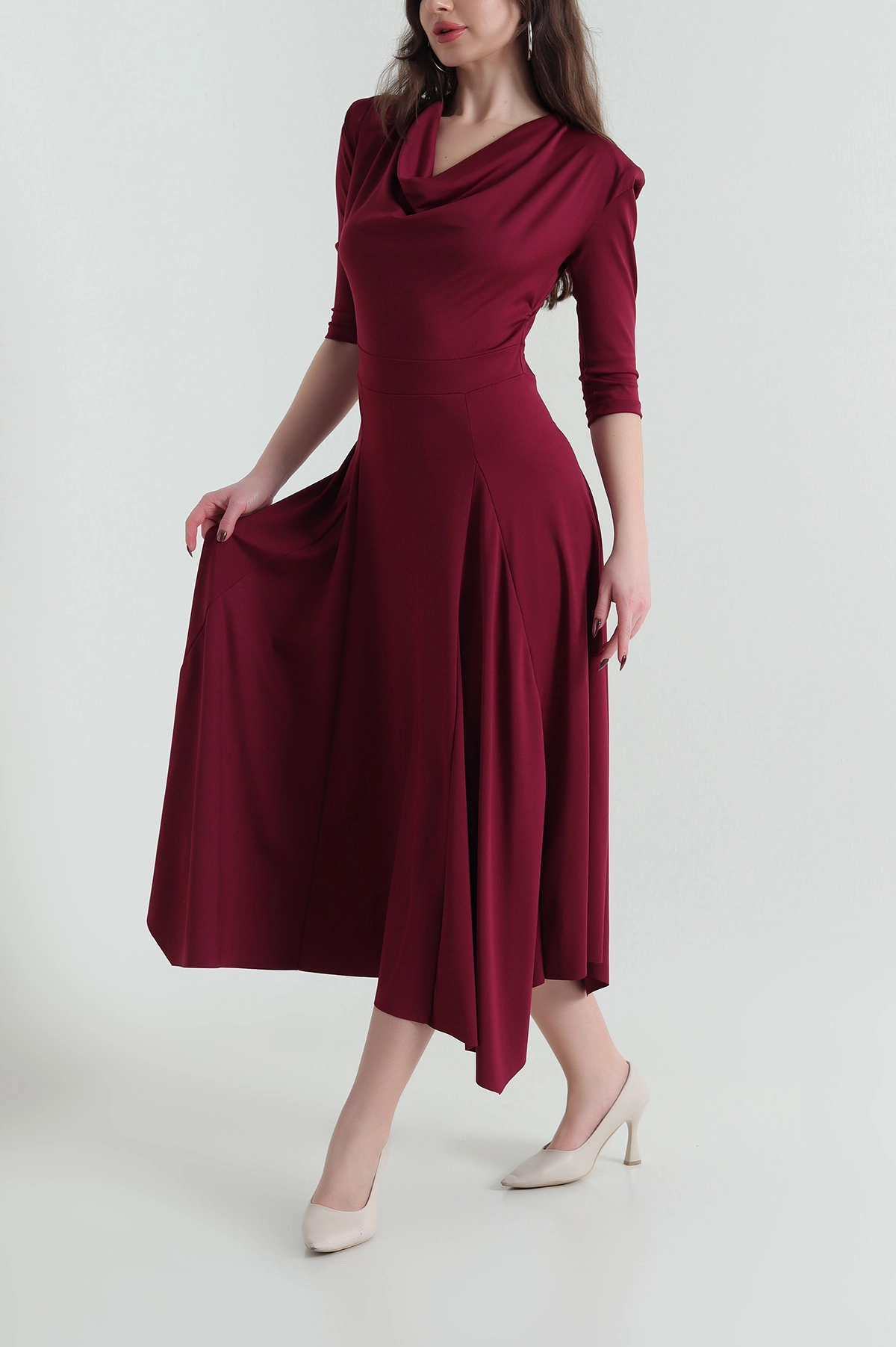 Bordo Degaje Yaka Vatkalı Sandy Kadın Elbise 431724