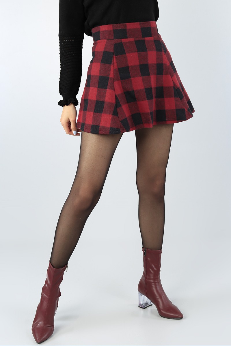Bordo Desenli Bayan Mini Kaşe Etek 53039
