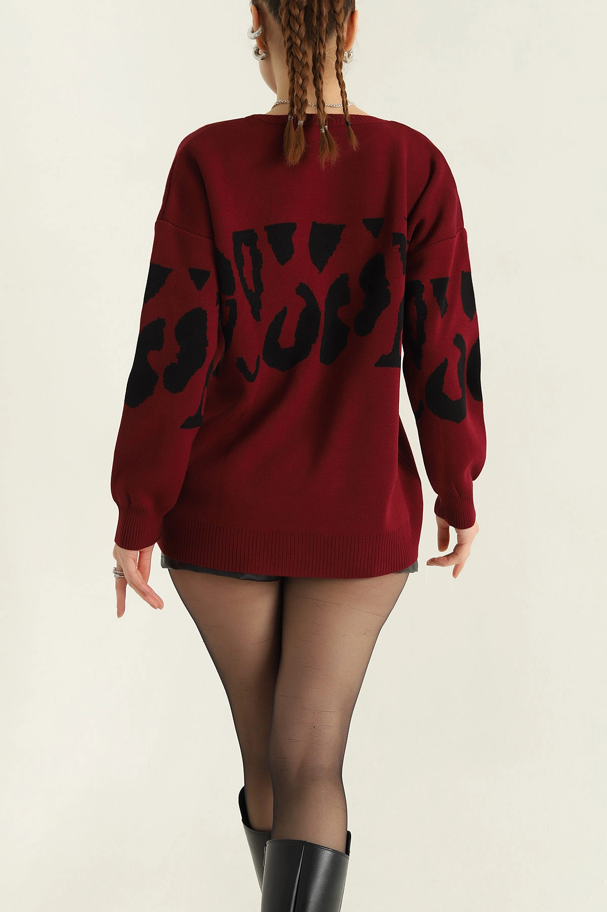 Bordo Desenli Oversize Bayan Triko Kazak 322305