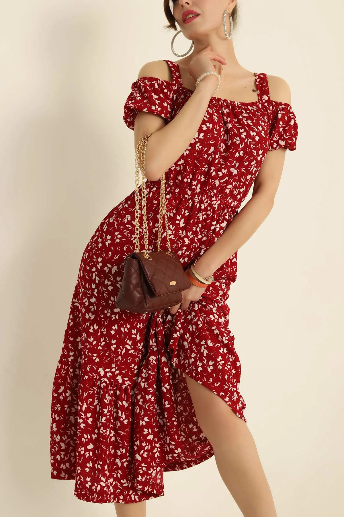 Bordo Desenli Seul Kumaş Elbise 278348