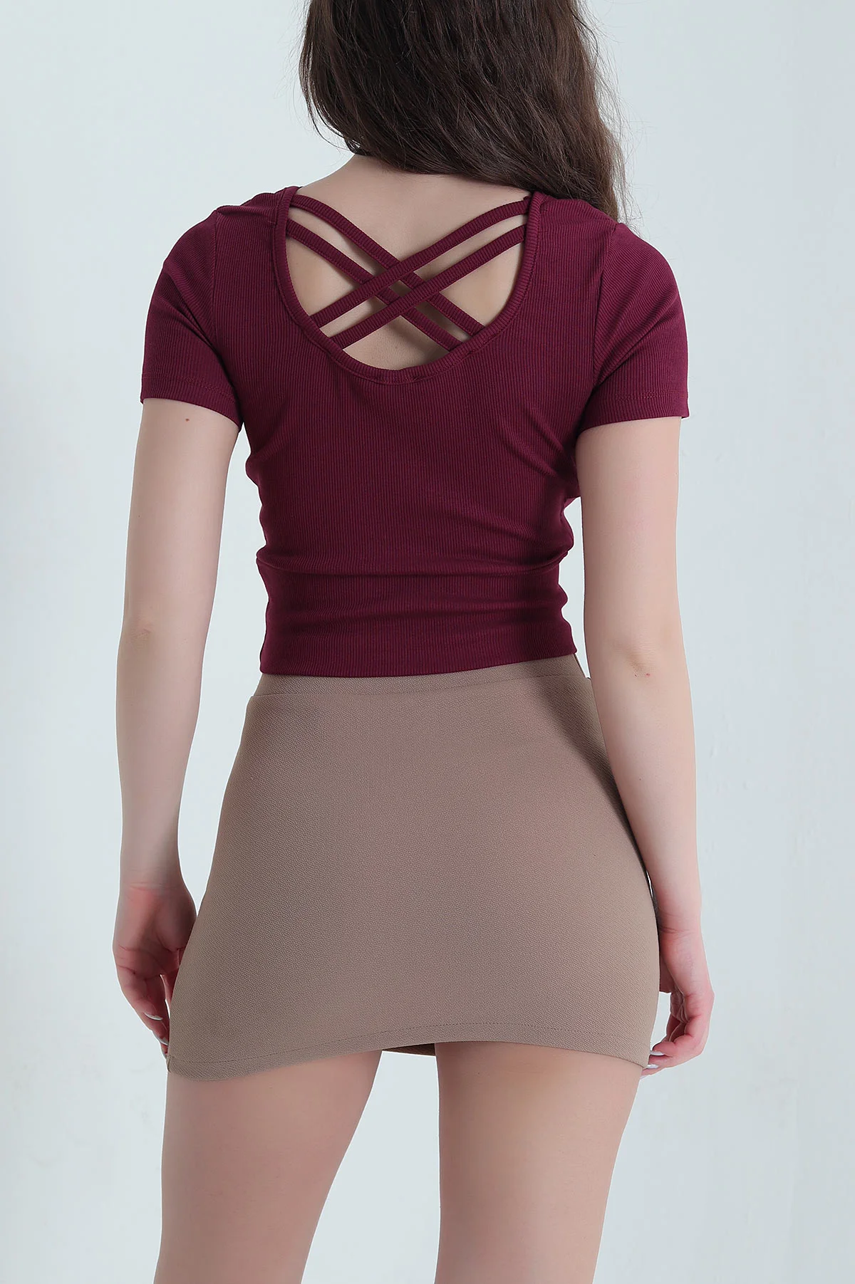 Bordo Destekli Çapraz Askılı Fitilli Kadın Bluz 451152