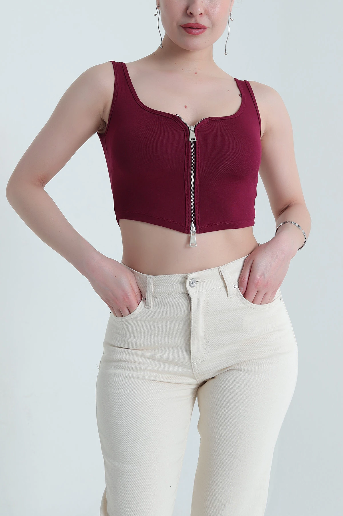 Bordo Destekli Fermuarlı Ribana Kadın Büstiyer 455746