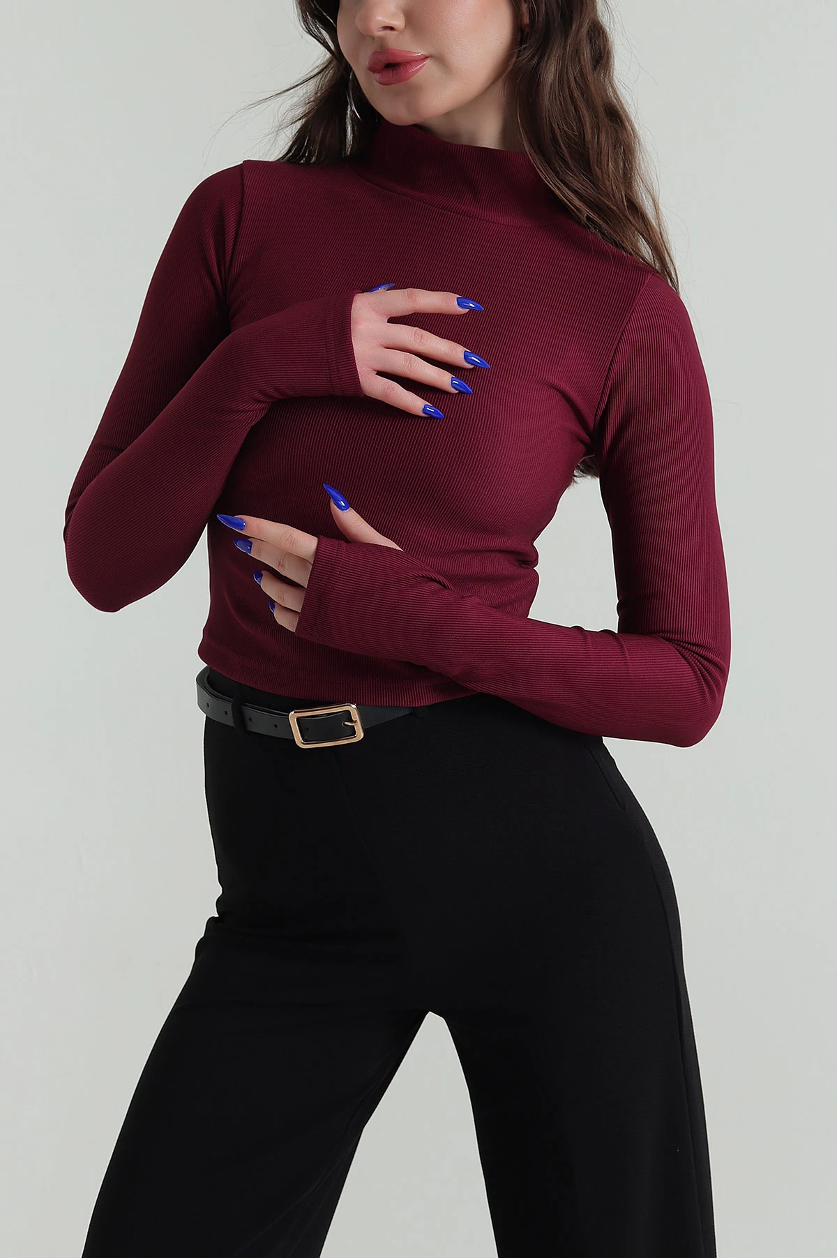 Bordo Dik Yaka Ottoman Kadın Bluz 424656