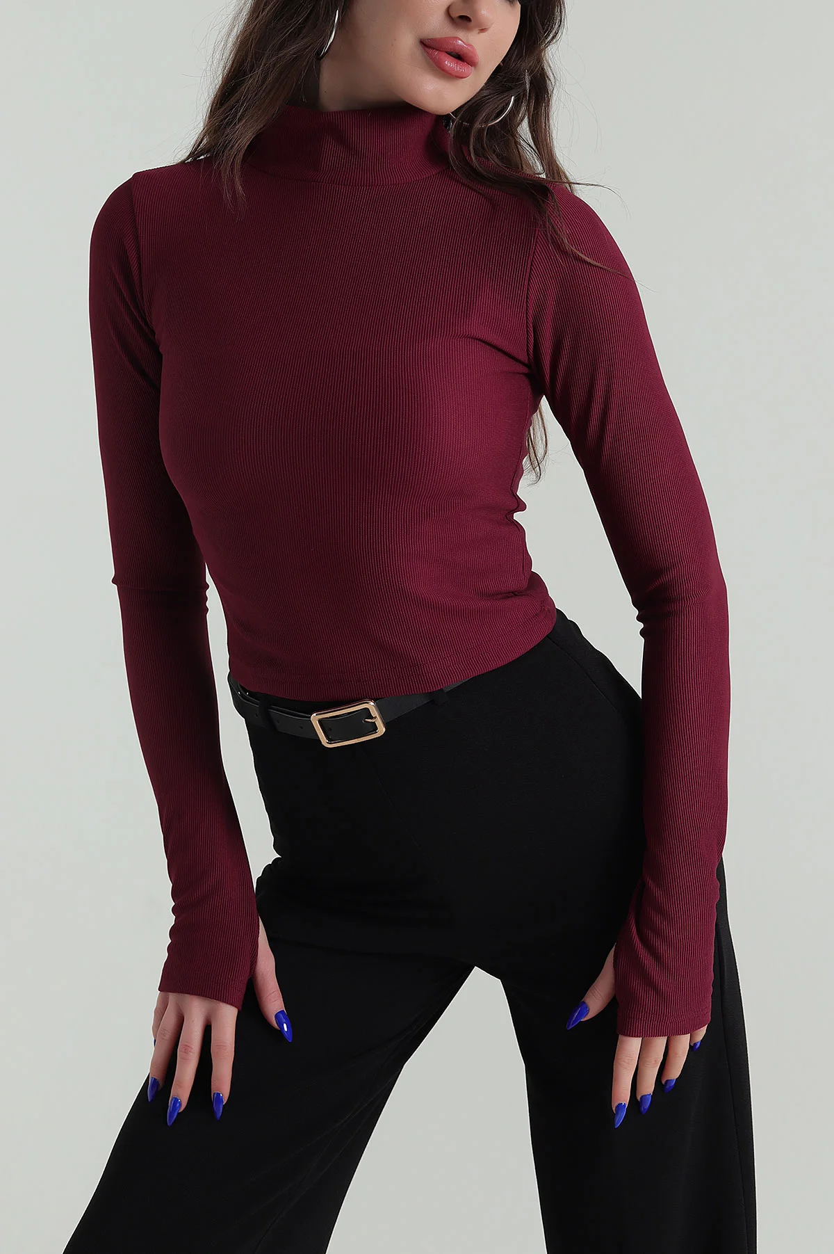 Bordo Dik Yaka Ottoman Kadın Bluz 424656