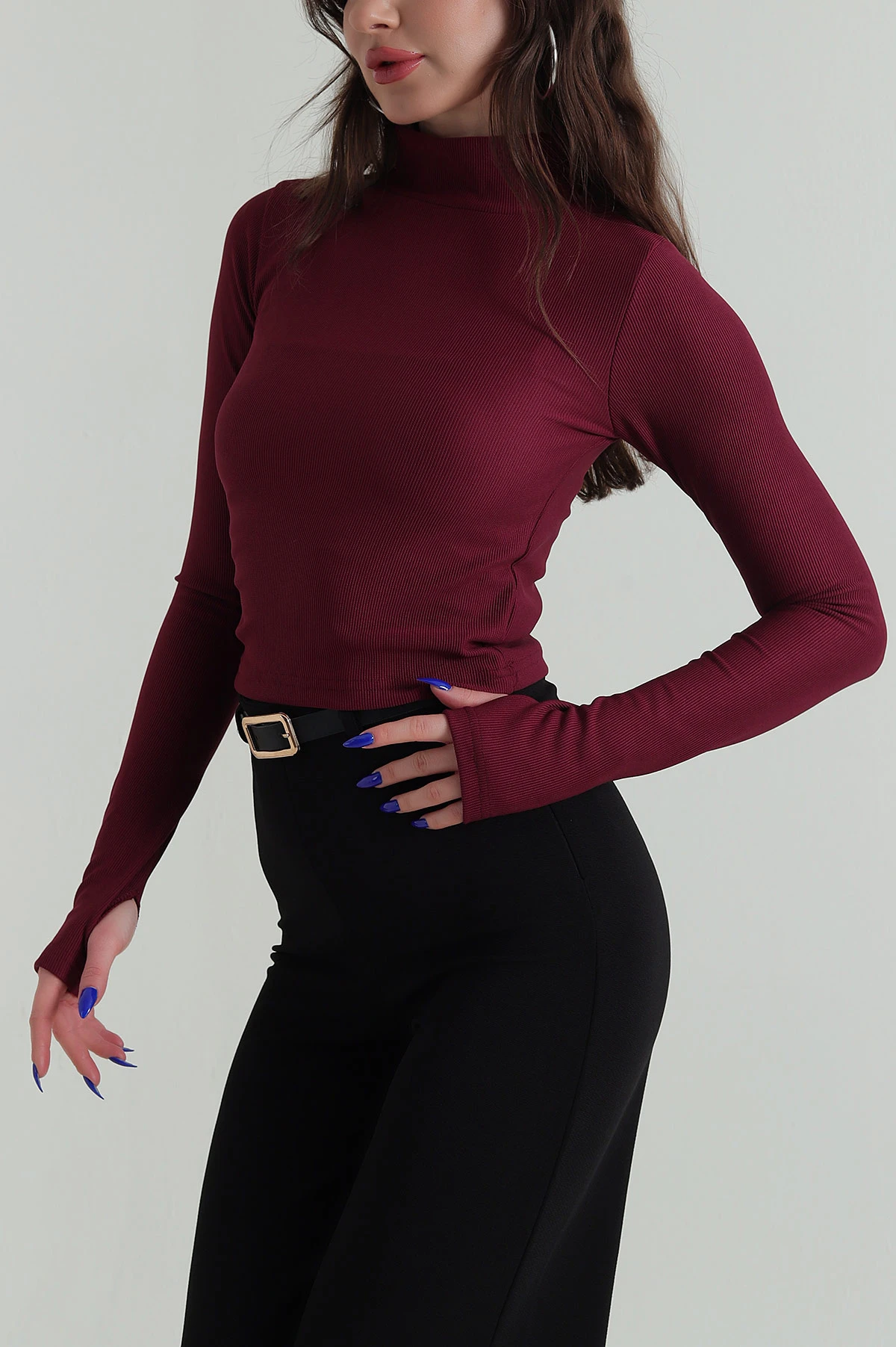 Bordo Dik Yaka Ottoman Kadın Bluz 424656