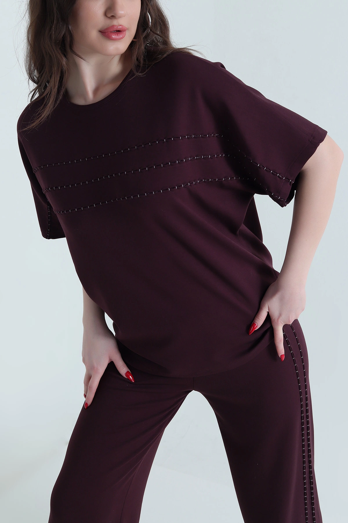 Bordo Dikişli Tasarım Modal Kadın İkili Takım 443975