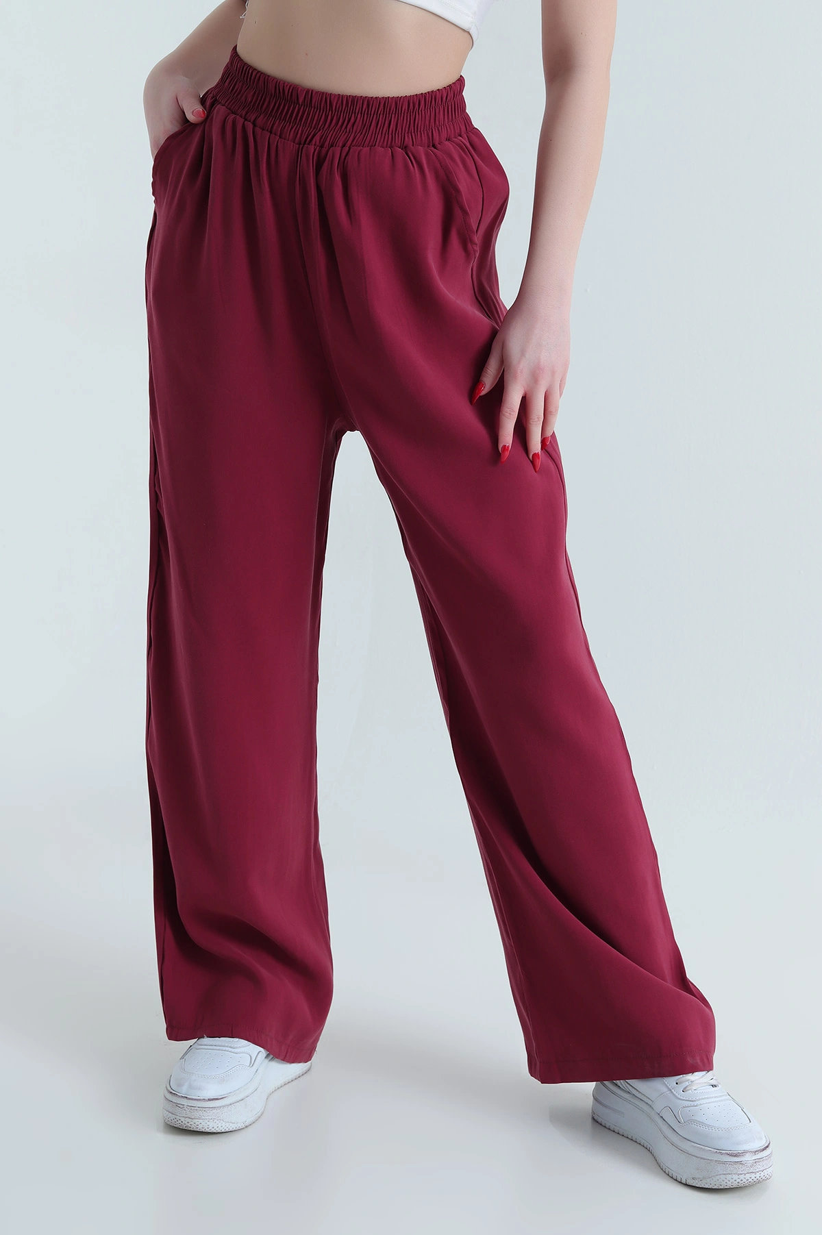 Bordo Dokuma Modal Cepli Bel Lastikli Kadın Pantolon 442093