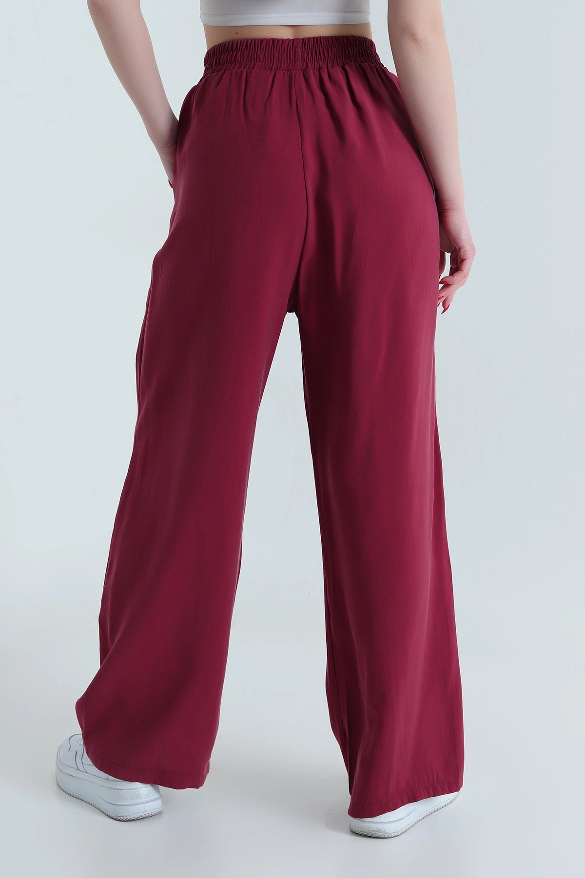 Bordo Dokuma Modal Cepli Bel Lastikli Kadın Pantolon 442093