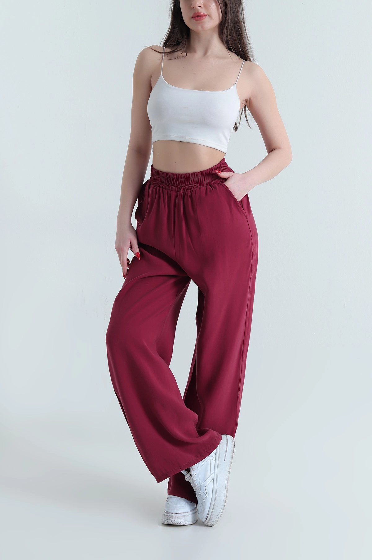 Bordo Dokuma Modal Cepli Bel Lastikli Kadın Pantolon 442093