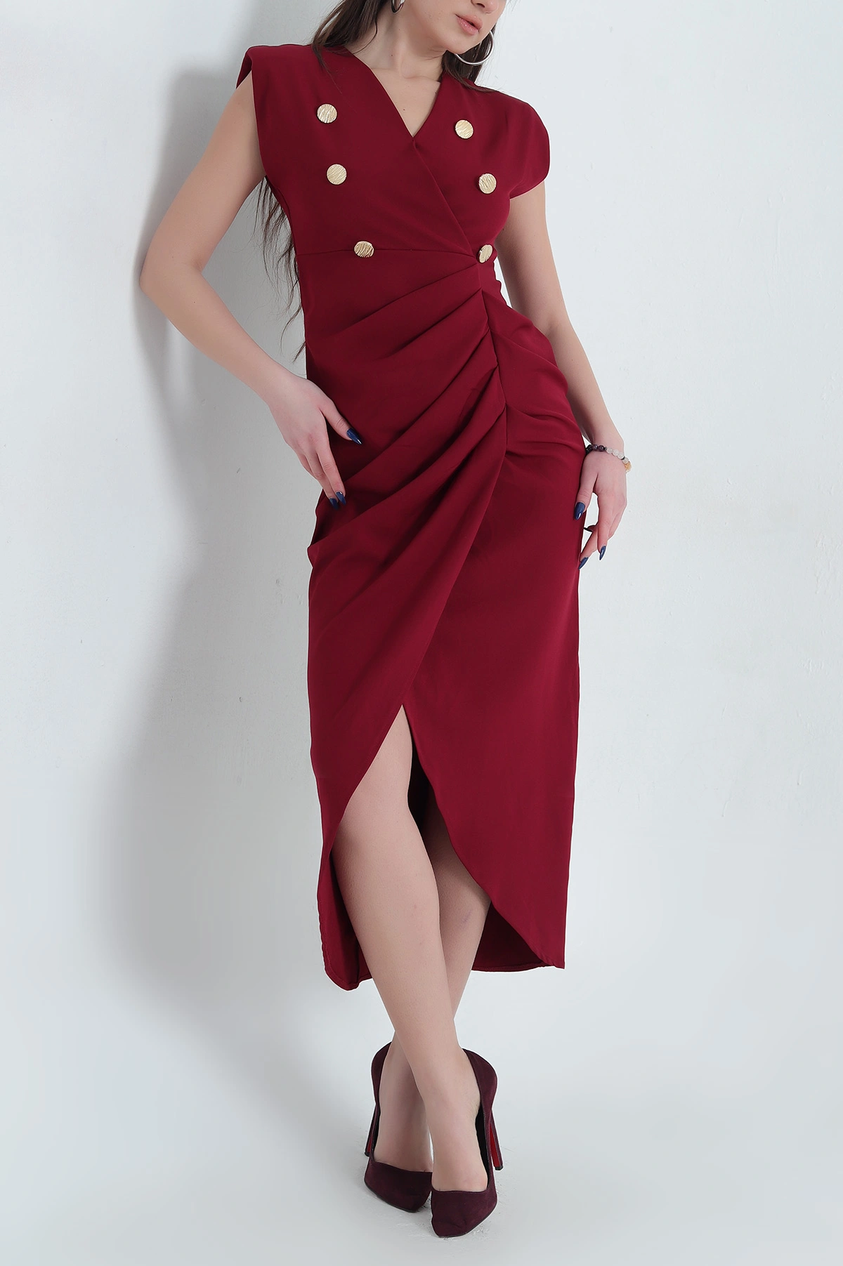 Bordo Drapeli Düğme Detay Atlas Elbise 338980