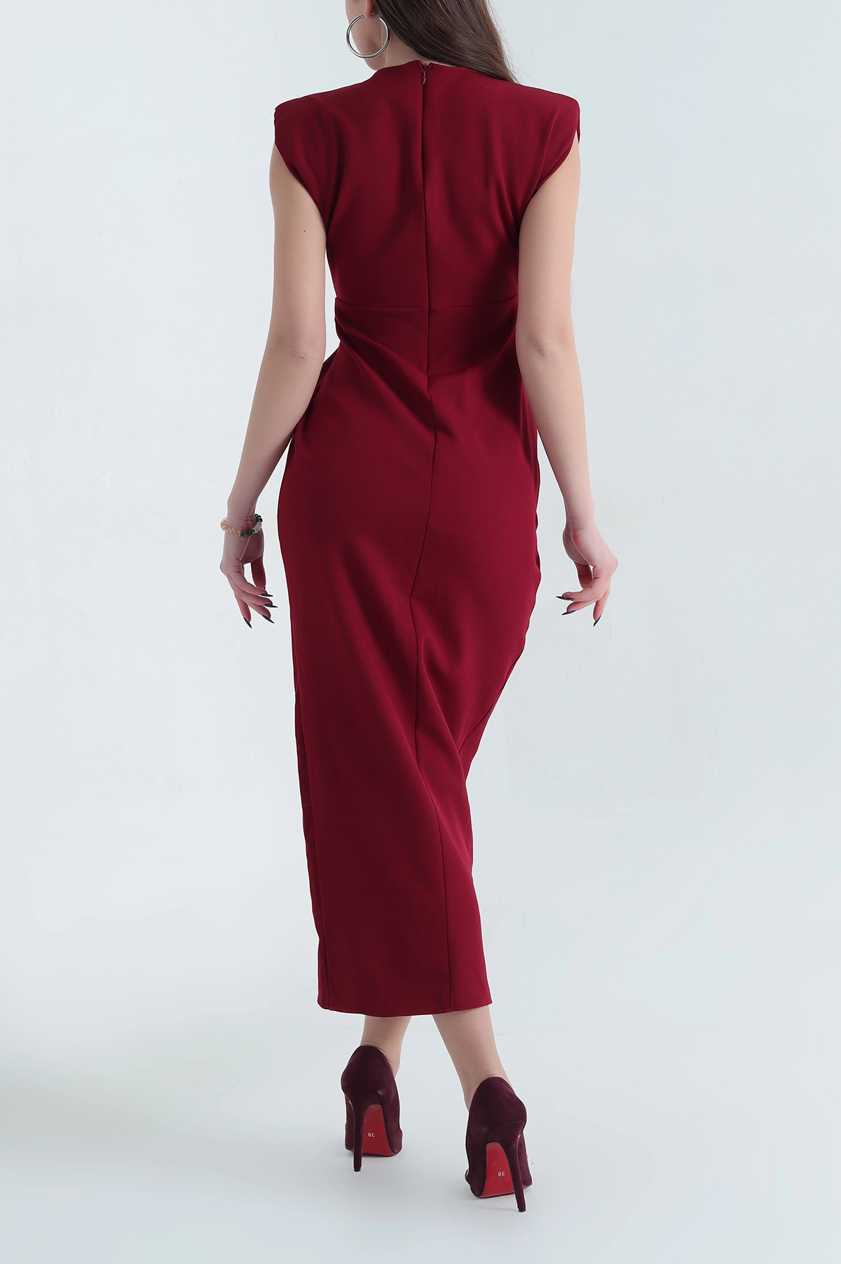 Bordo Drapeli Düğme Detay Atlas Elbise 338980