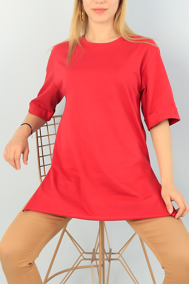 Bordo Duble Kol Yırtmaçlı Bayan Tişört 65342