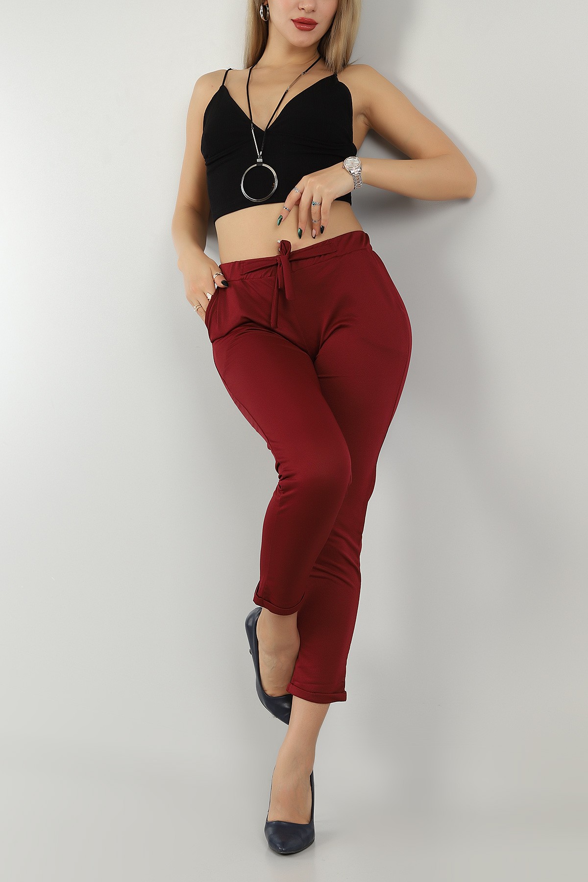Bordo Duble Paça Bağlamalı Pantolon 147710