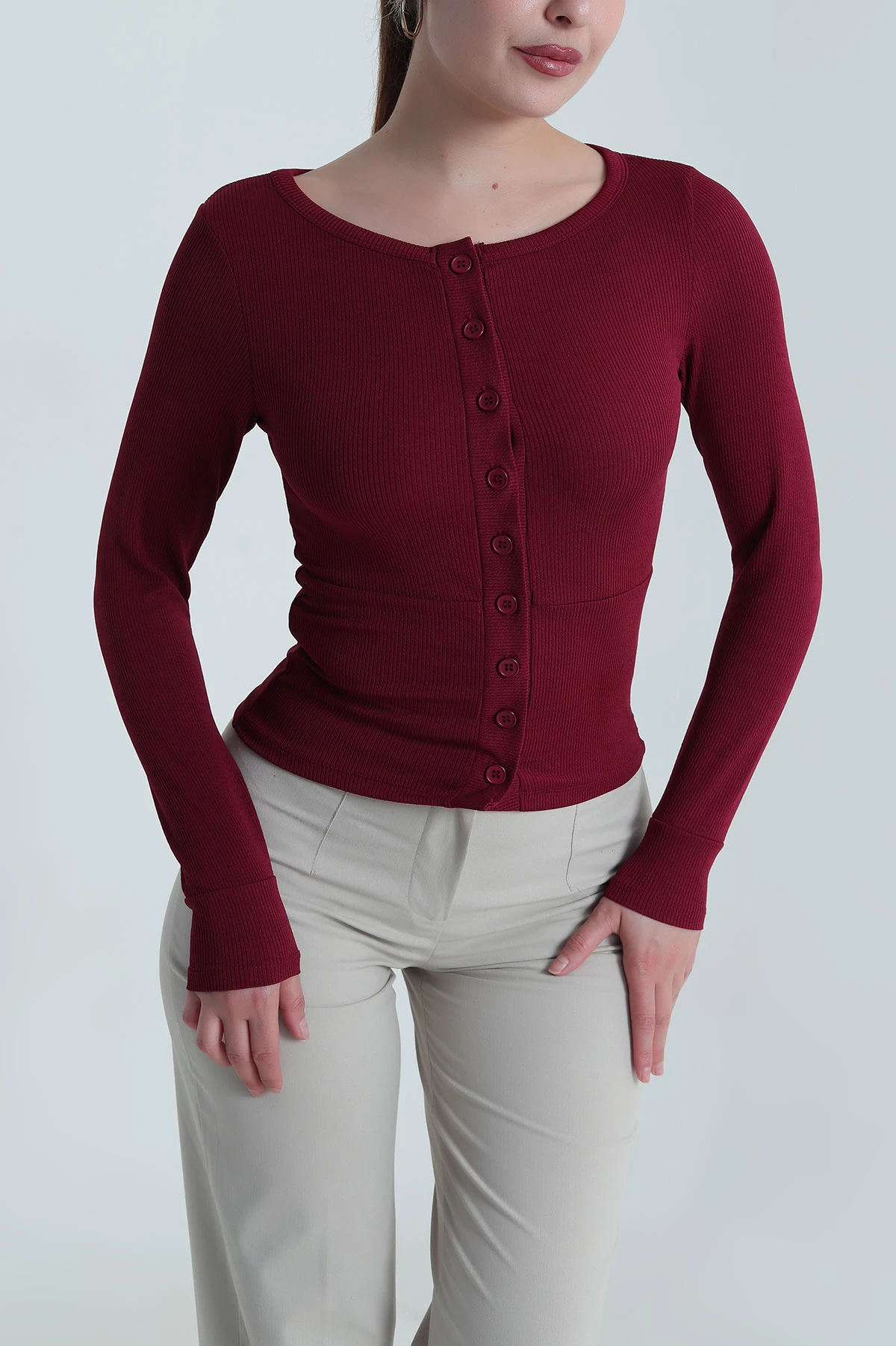 Bordo Düğmeli Bürümcük Kadın Bluz 484390