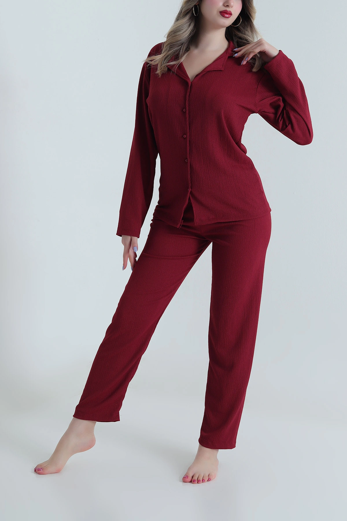 Bordo Düğmeli Bürümcük Kadın Pijama Takımı 494447