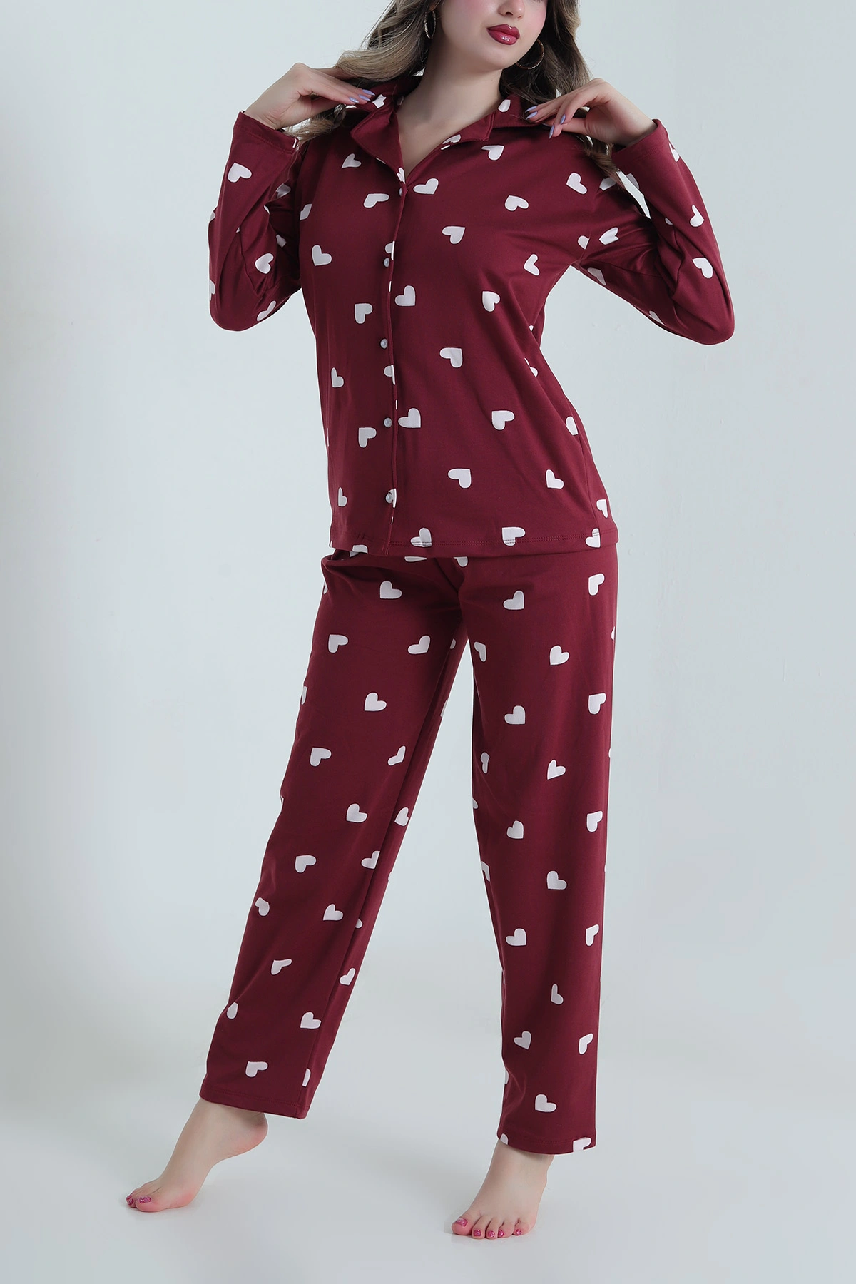 Bordo Düğmeli Milan Kadın Pijama Takımı 494646