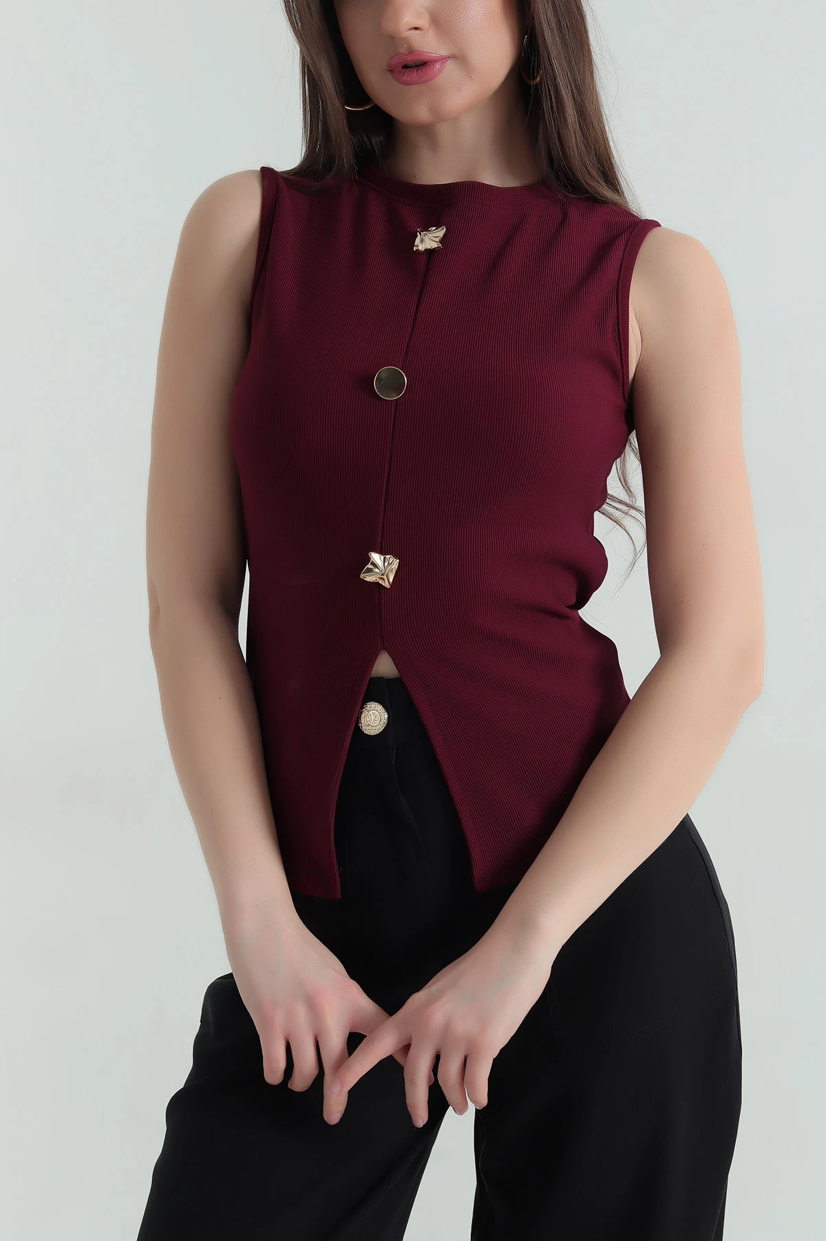 Bordo Düğmeli Ottoman Kadın Bluz 359821